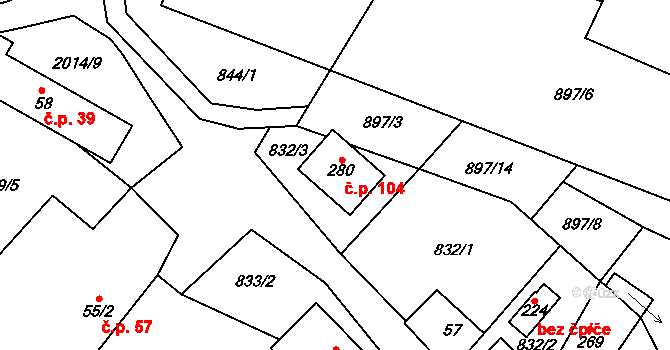 Zvěstov 104 na parcele st. 280 v KÚ Zvěstov, Katastrální mapa