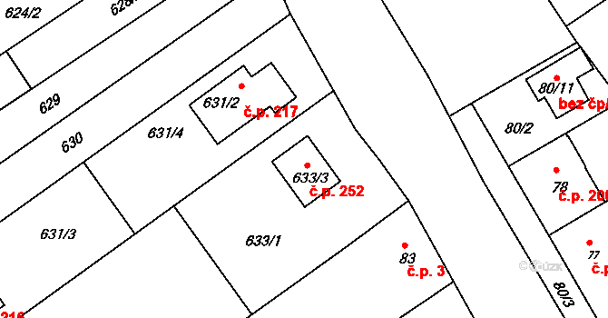 Zbýšov 252 na parcele st. 633/3 v KÚ Zbýšov, Katastrální mapa