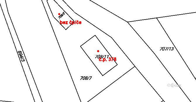 Černé Budy 378, Sázava na parcele st. 708/11 v KÚ Černé Budy, Katastrální mapa