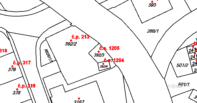 Kraslice 1205 na parcele st. 392/3 v KÚ Kraslice, Katastrální mapa