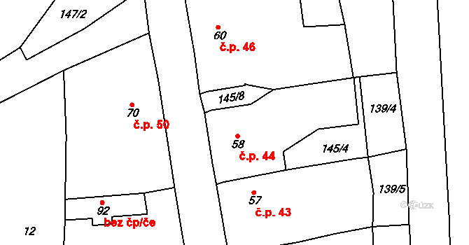 Čelákovy 44, Zemětice na parcele st. 58 v KÚ Čelákovy, Katastrální mapa