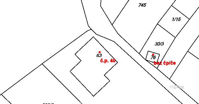 Zvěstovice 40 na parcele st. 63 v KÚ Zvěstovice, Katastrální mapa