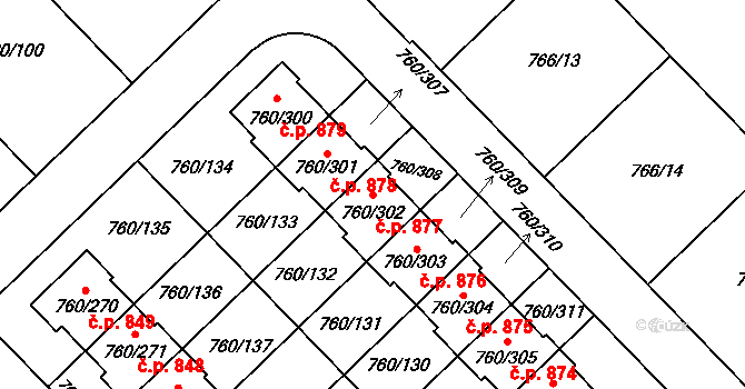 Letňany 877, Praha na parcele st. 760/302 v KÚ Letňany, Katastrální mapa