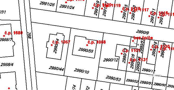 Holešov 1058 na parcele st. 2990/55 v KÚ Holešov, Katastrální mapa