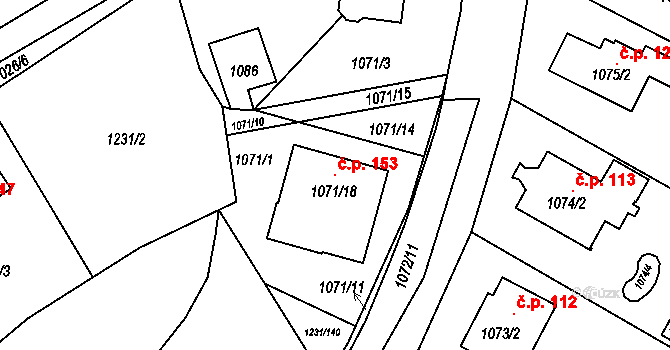 Nová Huť 153, Dýšina na parcele st. 1071/18 v KÚ Dýšina, Katastrální mapa