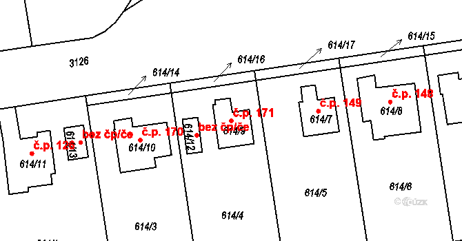 Lyžbice 171, Třinec na parcele st. 614/9 v KÚ Lyžbice, Katastrální mapa