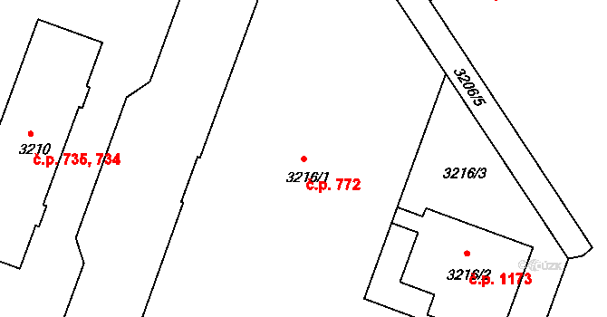Lyžbice 772, Třinec na parcele st. 3216/1 v KÚ Lyžbice, Katastrální mapa