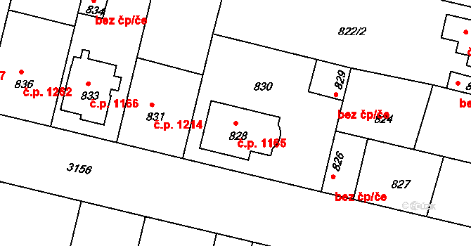 Čelákovice 1165 na parcele st. 828 v KÚ Čelákovice, Katastrální mapa