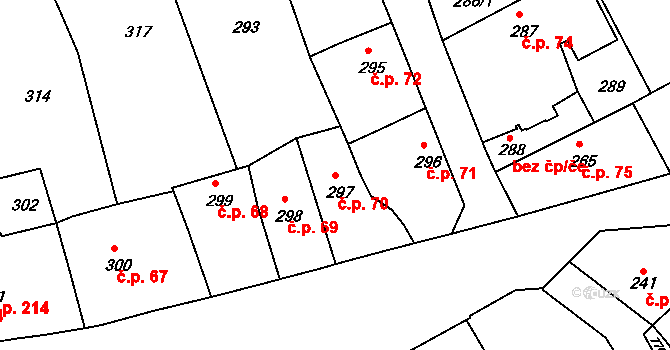 Mníšek pod Brdy 70 na parcele st. 297 v KÚ Mníšek pod Brdy, Katastrální mapa