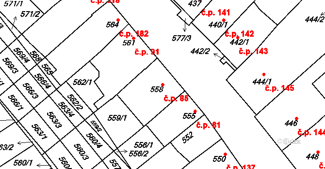 Zarazice 85, Veselí nad Moravou na parcele st. 558 v KÚ Zarazice, Katastrální mapa