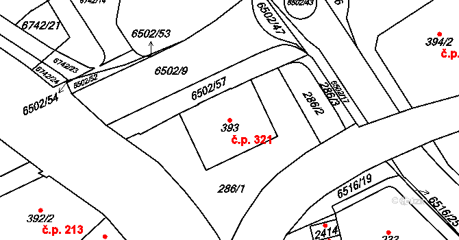 Kraslice 321 na parcele st. 393 v KÚ Kraslice, Katastrální mapa