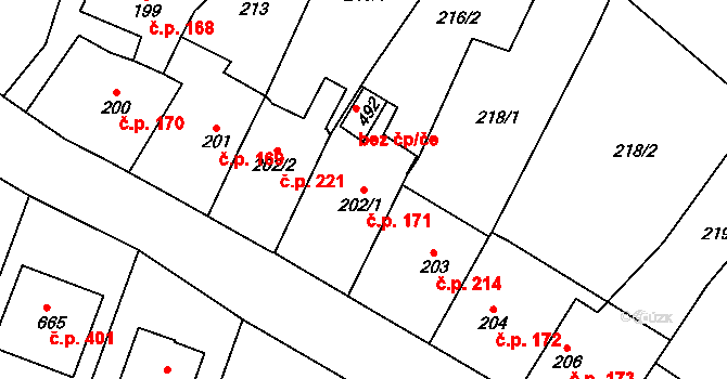 Miletín 171 na parcele st. 202/1 v KÚ Miletín, Katastrální mapa