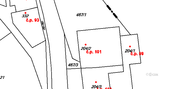 Třebovice 101 na parcele st. 204/2 v KÚ Třebovice, Katastrální mapa