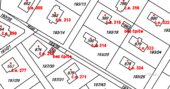 Svojetice 314 na parcele st. 390 v KÚ Svojetice, Katastrální mapa