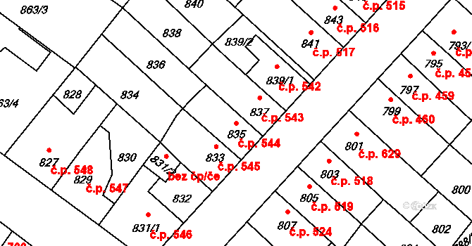 Pelhřimov 544 na parcele st. 835 v KÚ Pelhřimov, Katastrální mapa