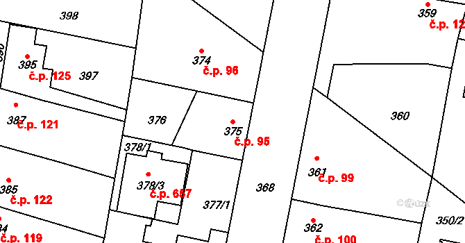 Vinoř 95, Praha na parcele st. 375 v KÚ Vinoř, Katastrální mapa