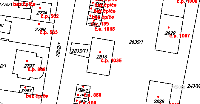 Jirkov 1035 na parcele st. 2816 v KÚ Jirkov, Katastrální mapa