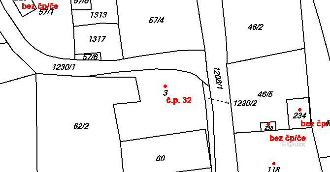 Chodovská Huť 32, Tři Sekery na parcele st. 3 v KÚ Chodovská Huť, Katastrální mapa