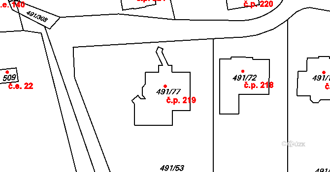 Kanice 219 na parcele st. 491/77 v KÚ Kanice, Katastrální mapa