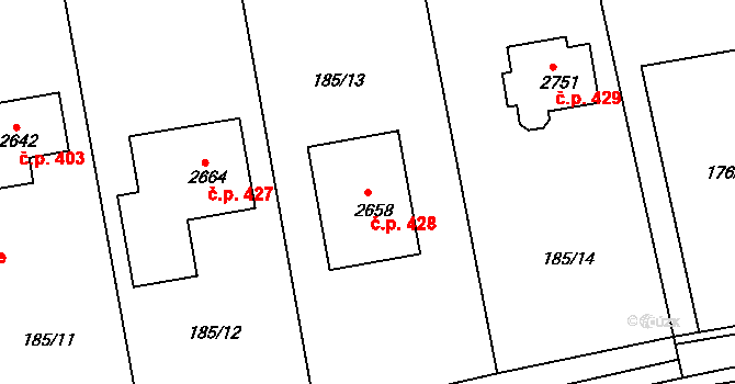 Brunšov 428, Hradištko na parcele st. 2658 v KÚ Hradištko pod Medníkem, Katastrální mapa