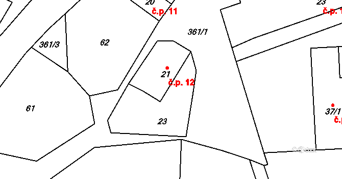 Radimovice 12, Petříkov na parcele st. 21 v KÚ Radimovice u Velkých Popovic, Katastrální mapa
