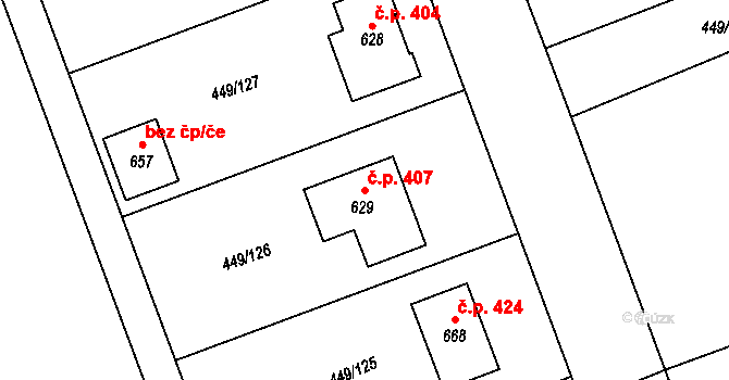 Merklín 407 na parcele st. 629 v KÚ Merklín u Přeštic, Katastrální mapa
