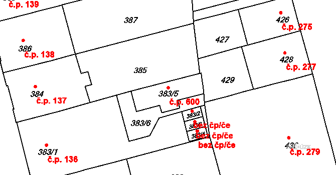 Ponava 600, Brno na parcele st. 383/5 v KÚ Ponava, Katastrální mapa
