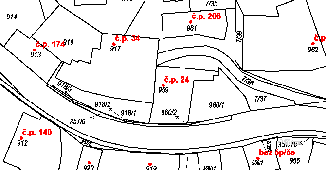 Zádveřice 24, Zádveřice-Raková na parcele st. 959 v KÚ Zádveřice, Katastrální mapa