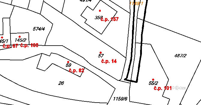Vlčková 14 na parcele st. 57 v KÚ Vlčková, Katastrální mapa