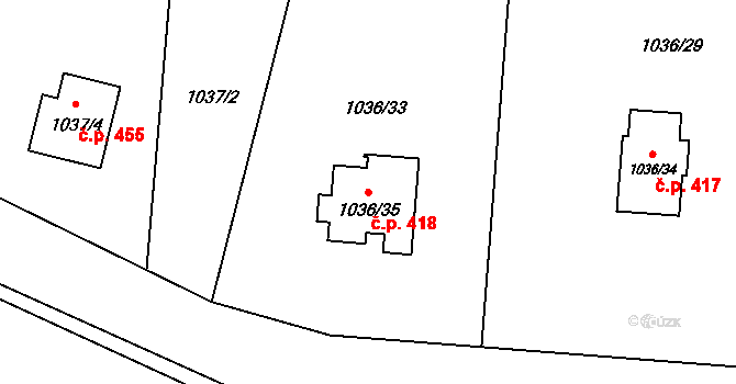 Dolní Líštná 418, Třinec na parcele st. 1036/35 v KÚ Dolní Líštná, Katastrální mapa