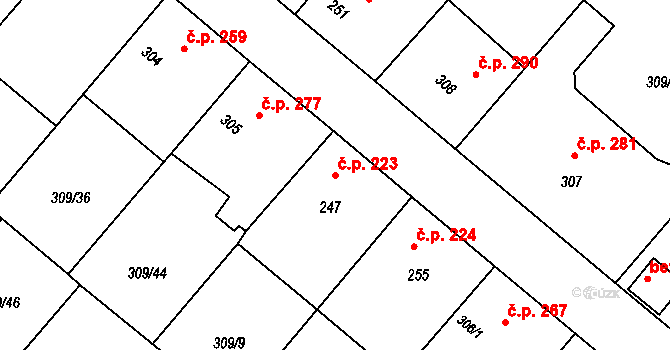 Plasy 223 na parcele st. 247 v KÚ Plasy, Katastrální mapa