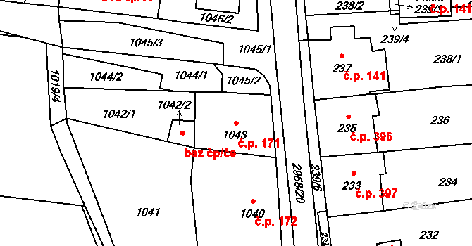Mohelnice 171 na parcele st. 1043 v KÚ Mohelnice, Katastrální mapa