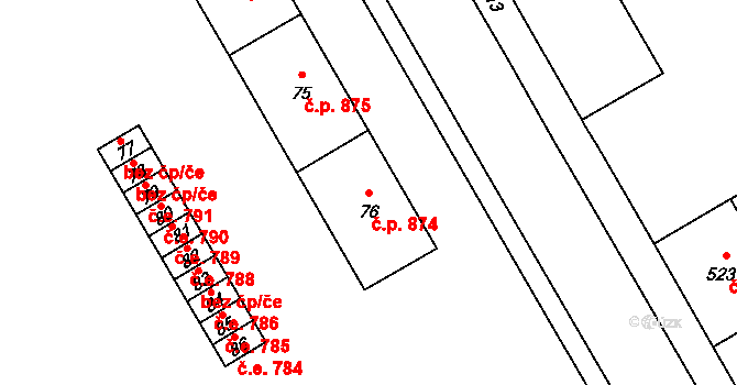 Kopřivnice 874 na parcele st. 76 v KÚ Kopřivnice, Katastrální mapa