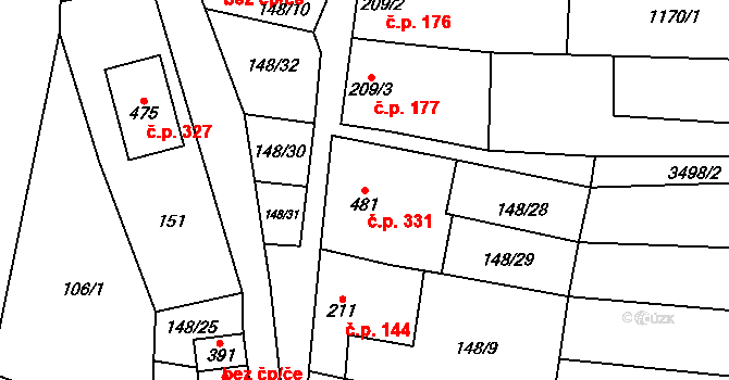 Sobůlky 331 na parcele st. 481 v KÚ Sobůlky, Katastrální mapa