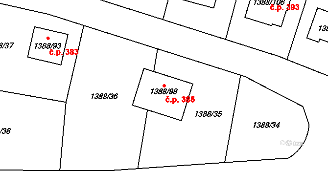 Lochovice 385 na parcele st. 1388/98 v KÚ Lochovice, Katastrální mapa