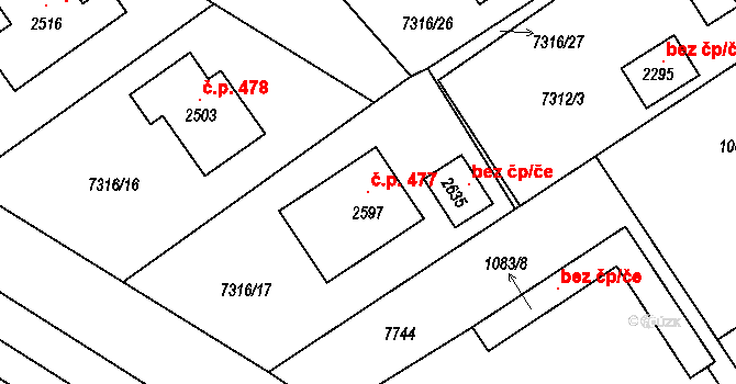 Telč-Štěpnice 477, Telč na parcele st. 2597 v KÚ Telč, Katastrální mapa