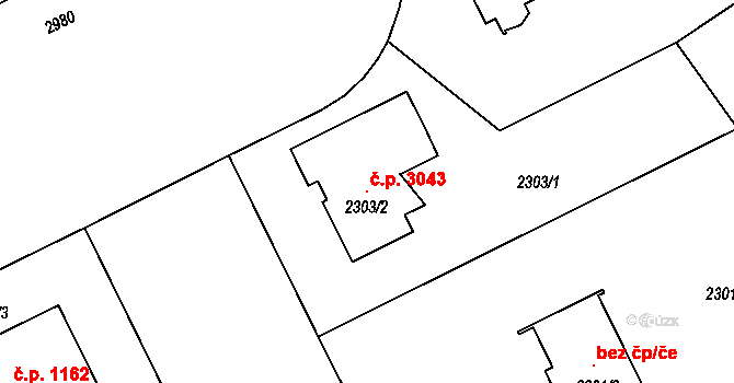 Předměstí 3043, Opava na parcele st. 2303/2 v KÚ Opava-Předměstí, Katastrální mapa