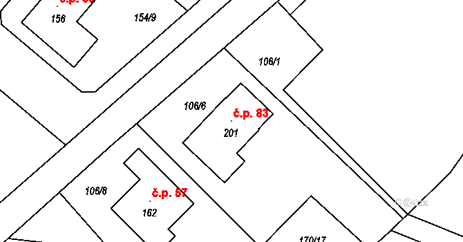 Topělec 83, Čížová na parcele st. 201 v KÚ Topělec, Katastrální mapa