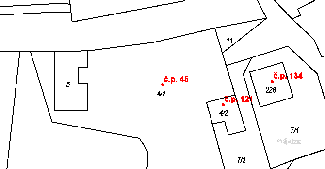Milenov 45 na parcele st. 4/1 v KÚ Milenov, Katastrální mapa
