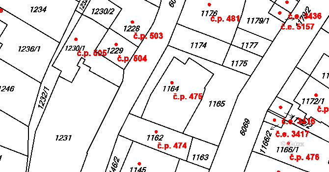 Jihlava 475 na parcele st. 1164 v KÚ Jihlava, Katastrální mapa