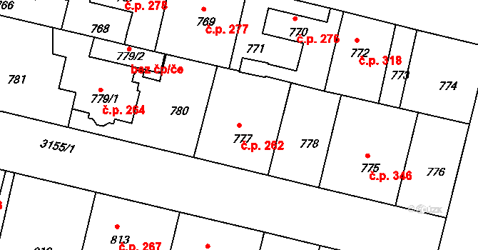 Čelákovice 262 na parcele st. 777 v KÚ Čelákovice, Katastrální mapa