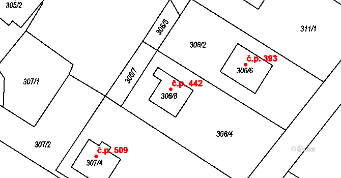 Krmelín 442 na parcele st. 306/8 v KÚ Krmelín, Katastrální mapa