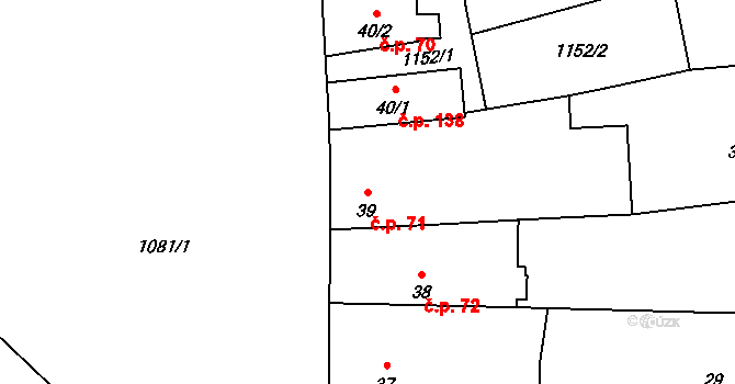 Prčice 71, Sedlec-Prčice na parcele st. 39 v KÚ Prčice, Katastrální mapa
