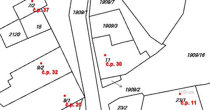 Milevo 30, Kladruby na parcele st. 11 v KÚ Milevo, Katastrální mapa