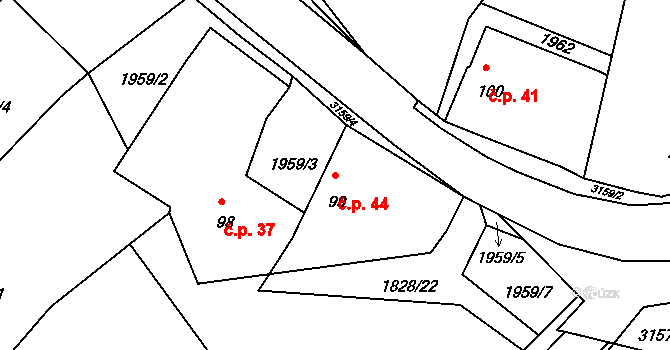 Zvíkov 44 na parcele st. 99 v KÚ Zvíkov u Lišova, Katastrální mapa