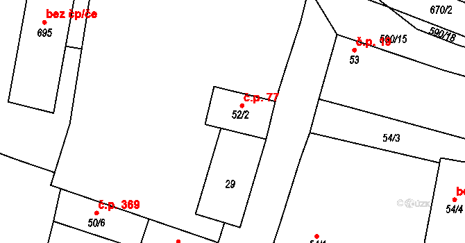 Bohušovice nad Ohří 77 na parcele st. 52/2 v KÚ Bohušovice nad Ohří, Katastrální mapa