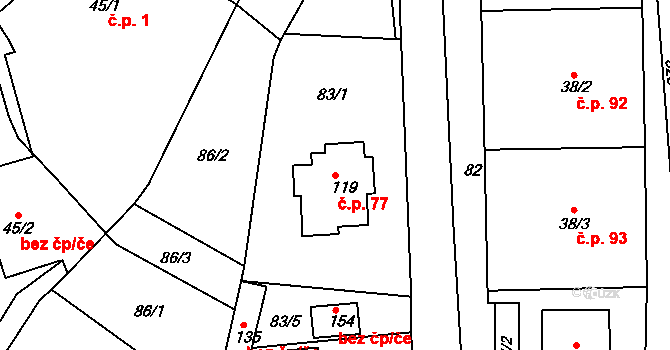 Libošovice 77 na parcele st. 119 v KÚ Libošovice, Katastrální mapa