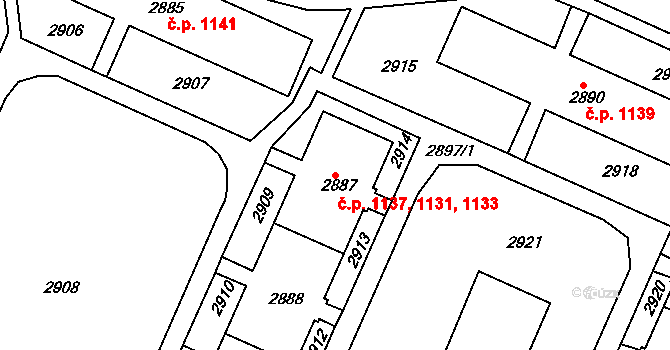 Černovice 1131,1133,1137, Brno na parcele st. 2887 v KÚ Černovice, Katastrální mapa