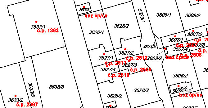 Frýdek 2611, Frýdek-Místek na parcele st. 3627/1 v KÚ Frýdek, Katastrální mapa