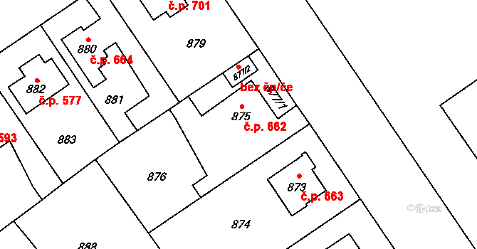 Uhříněves 662, Praha na parcele st. 875 v KÚ Uhříněves, Katastrální mapa